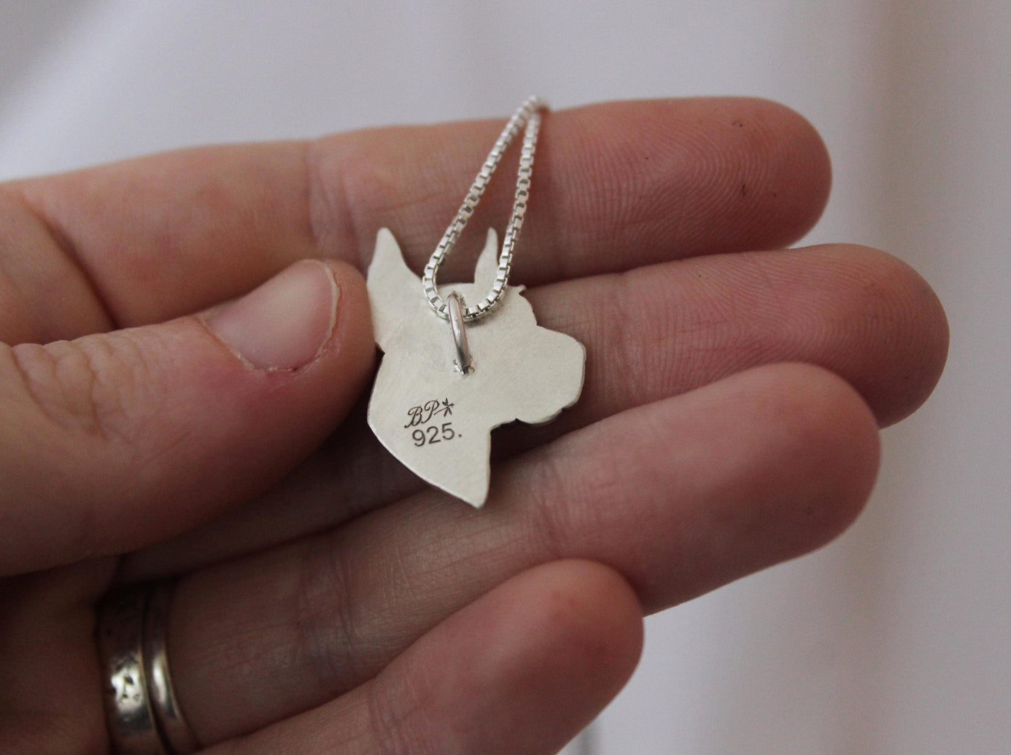 Doberman Pincher Portrait, Engraved sterling silver pendant for dog lovers.