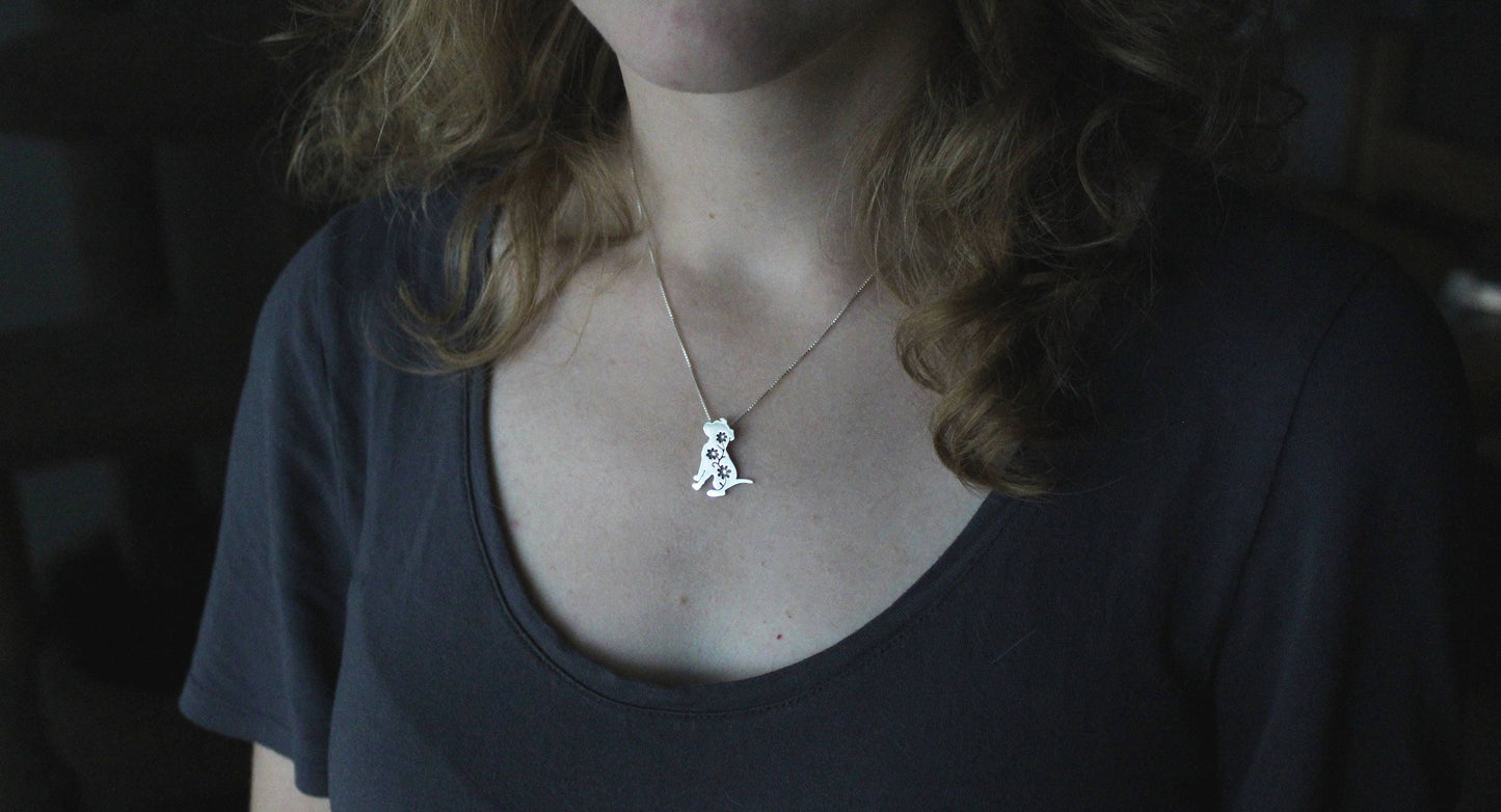 Floral Pitbull Pendant, sterling silver engraved necklace