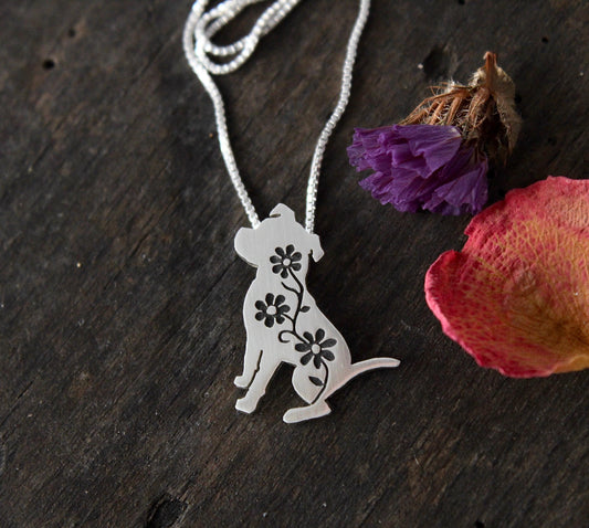 Floral Pitbull Pendant, sterling silver engraved necklace