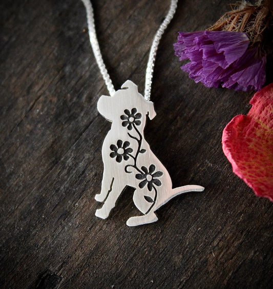 Floral Pitbull Pendant, sterling silver engraved necklace