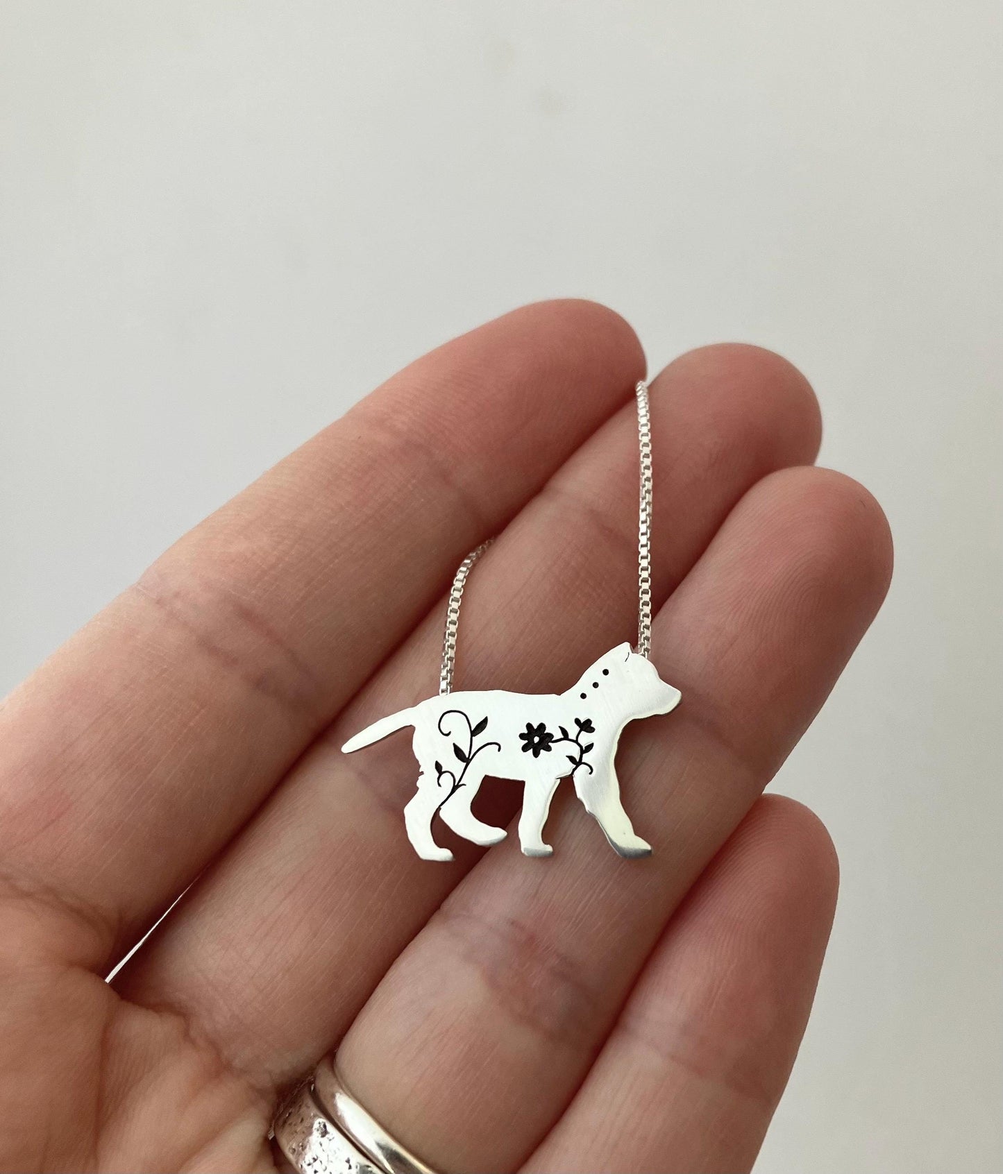 Floral Wolf Cub Pendant, sterling silver necklace