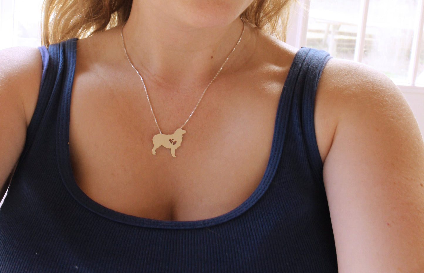 Australian Shepherd necklace with interlocking hearts, sterling silver