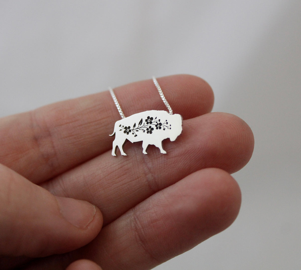 Bison necklace: Sterling silver Forget-me-not Bison pendant