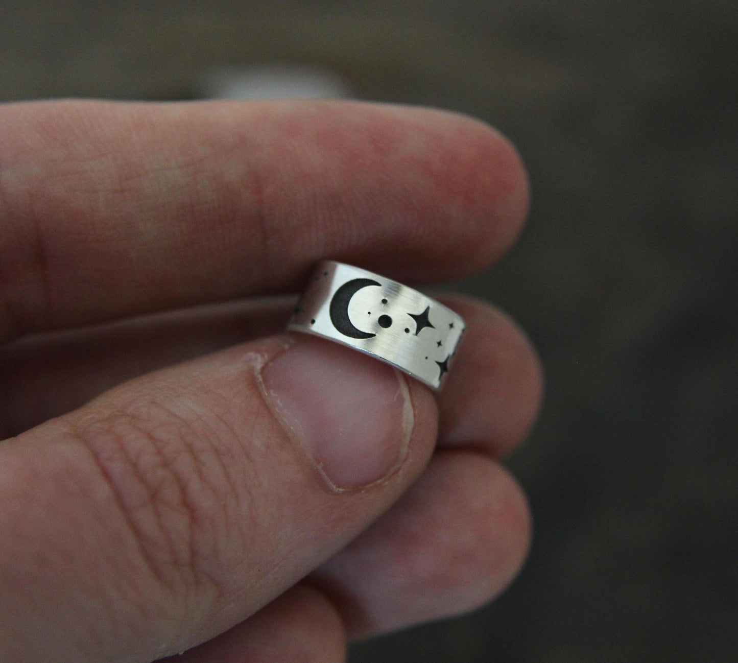 Crescent moon and stars Ear Cuff, engraved sterling silver