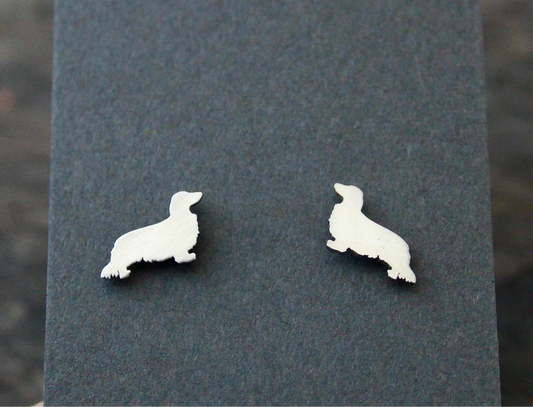 Long haired Dachshund dog earrings, sterling silver studs