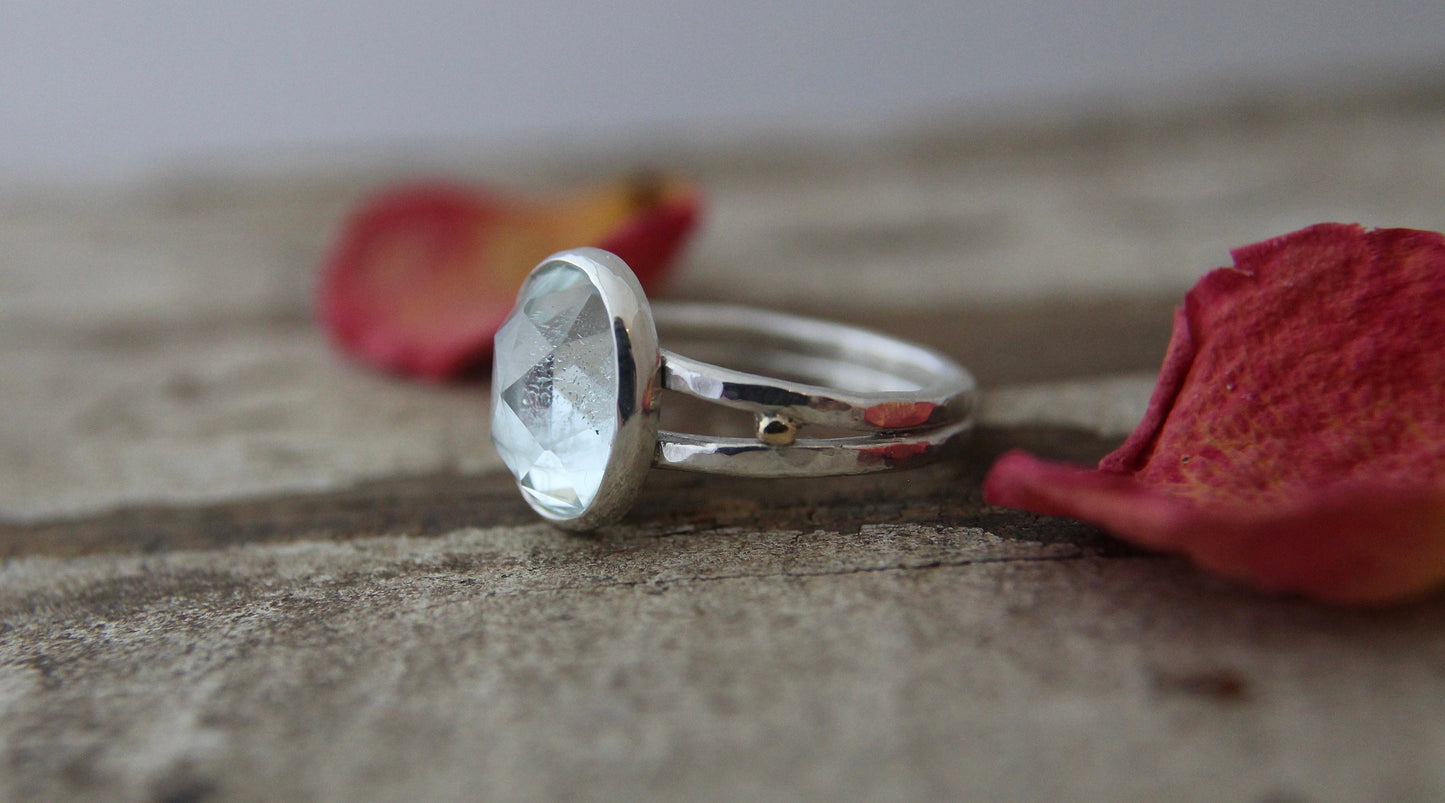 Aquamarine rose cut ring, 14k gold accents, OOAK, Hand made