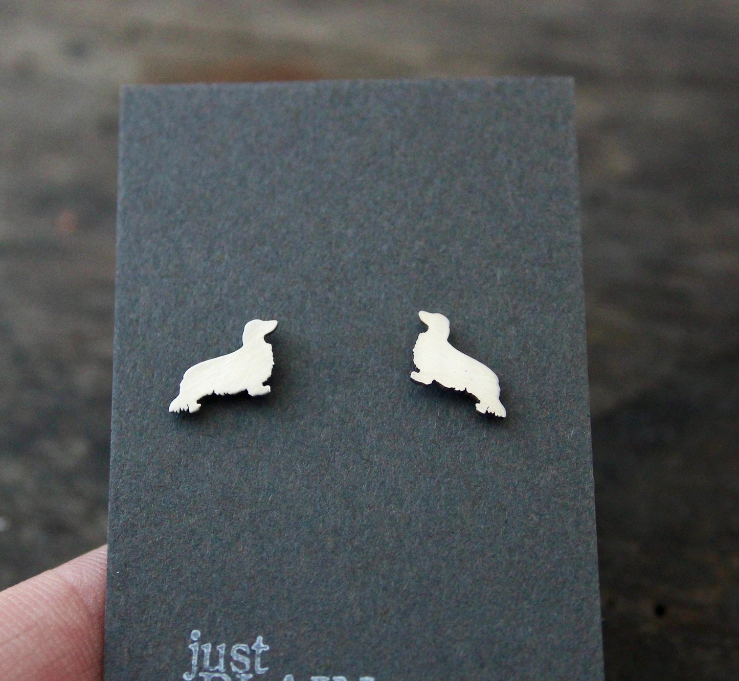 Long haired Dachshund dog earrings, sterling silver studs