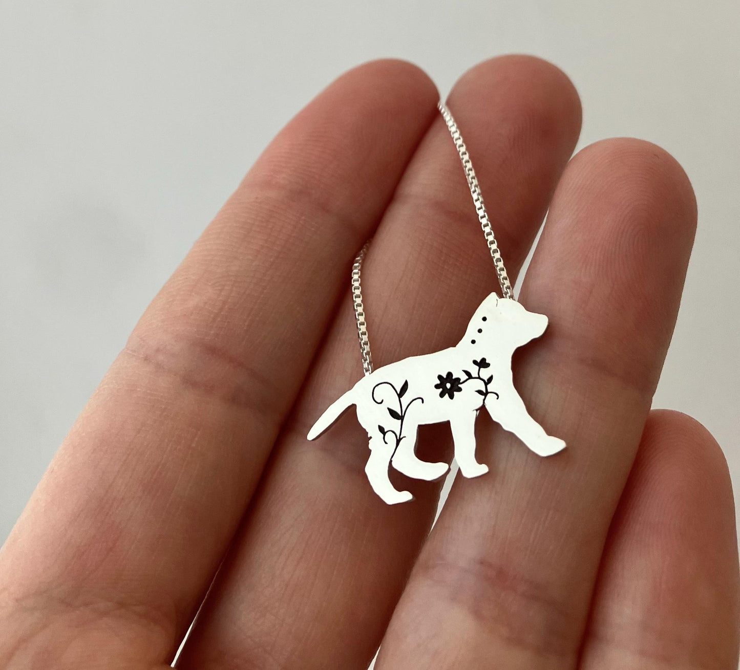 Floral Wolf Cub Pendant, sterling silver necklace