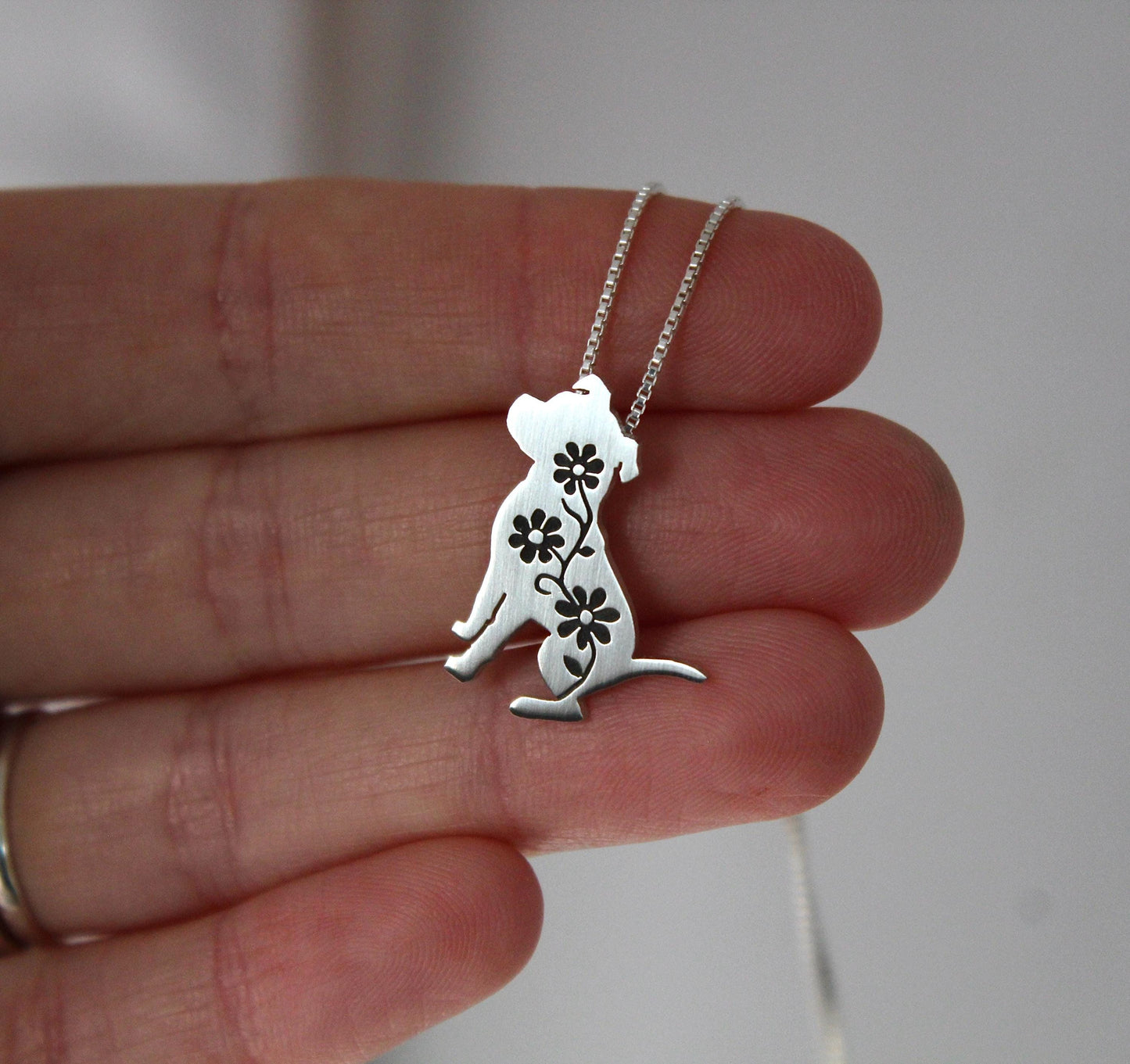 Floral Pitbull Pendant, sterling silver engraved necklace