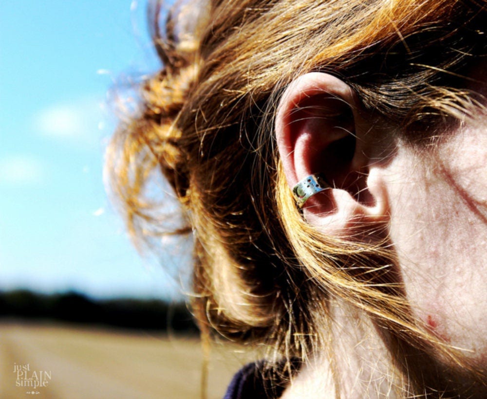 Crescent moon and stars Ear Cuff, engraved sterling silver