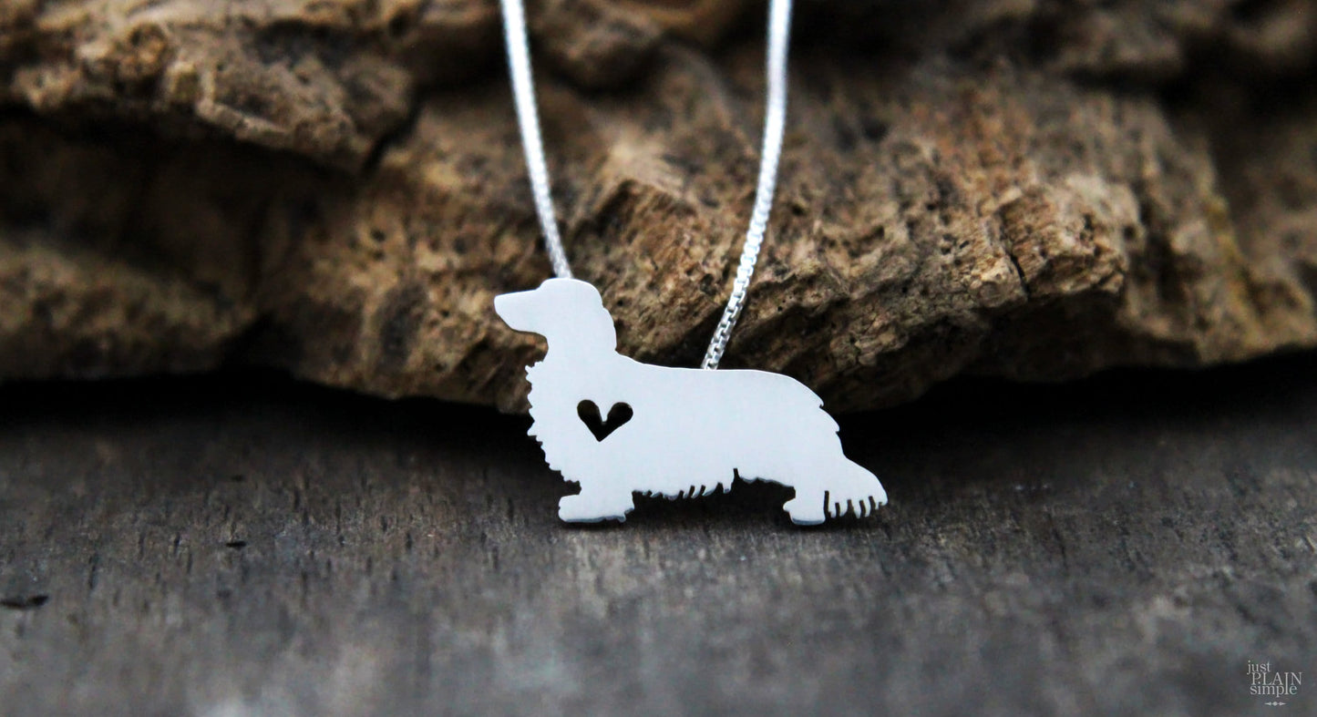 Tiny Long haired Dachshund necklace, sterling silver pendant