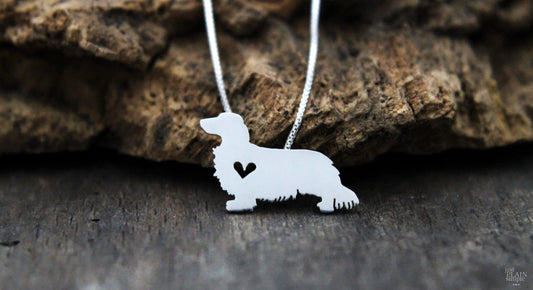 Tiny Long haired Dachshund necklace, sterling silver pendant