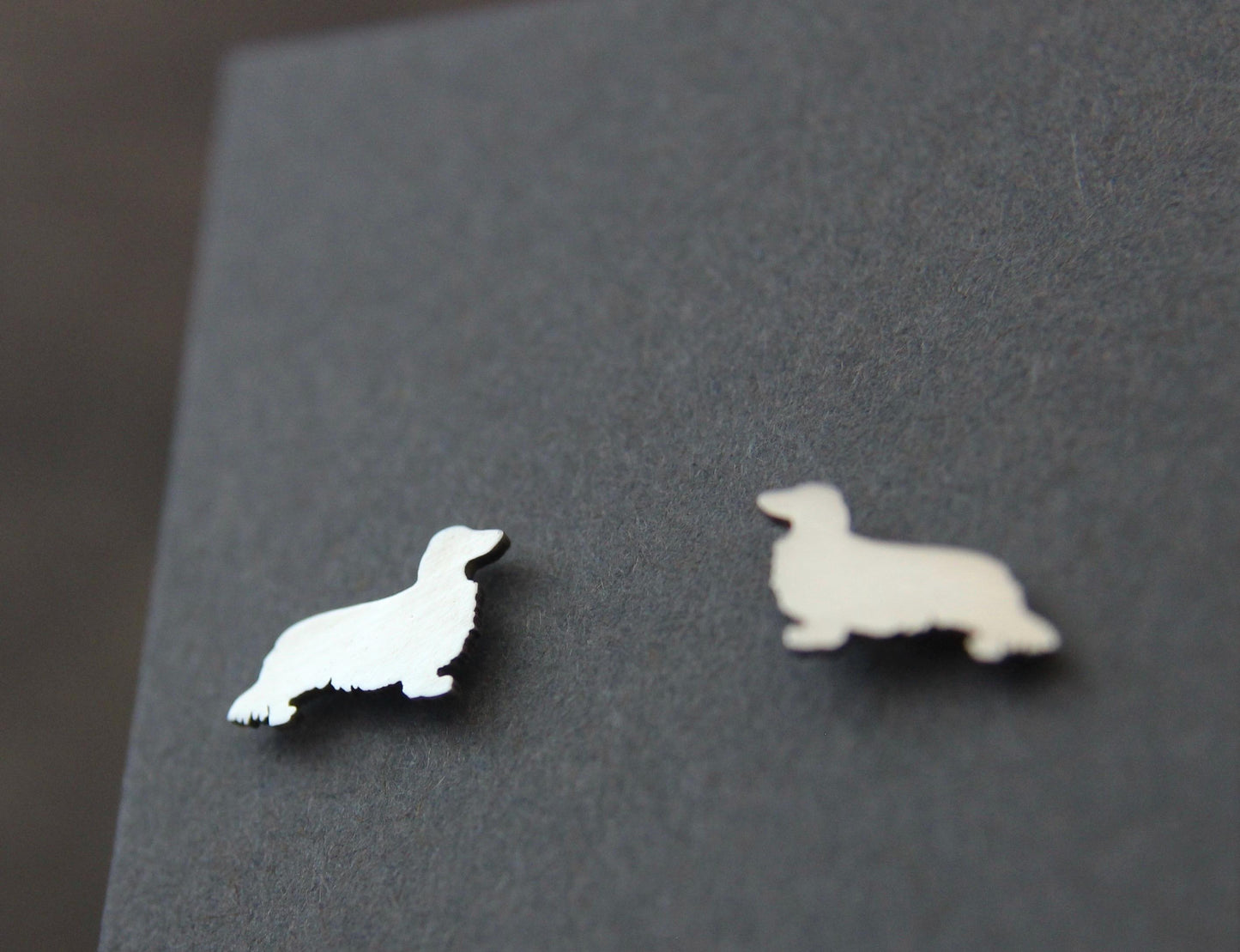 Long haired Dachshund dog earrings, sterling silver studs