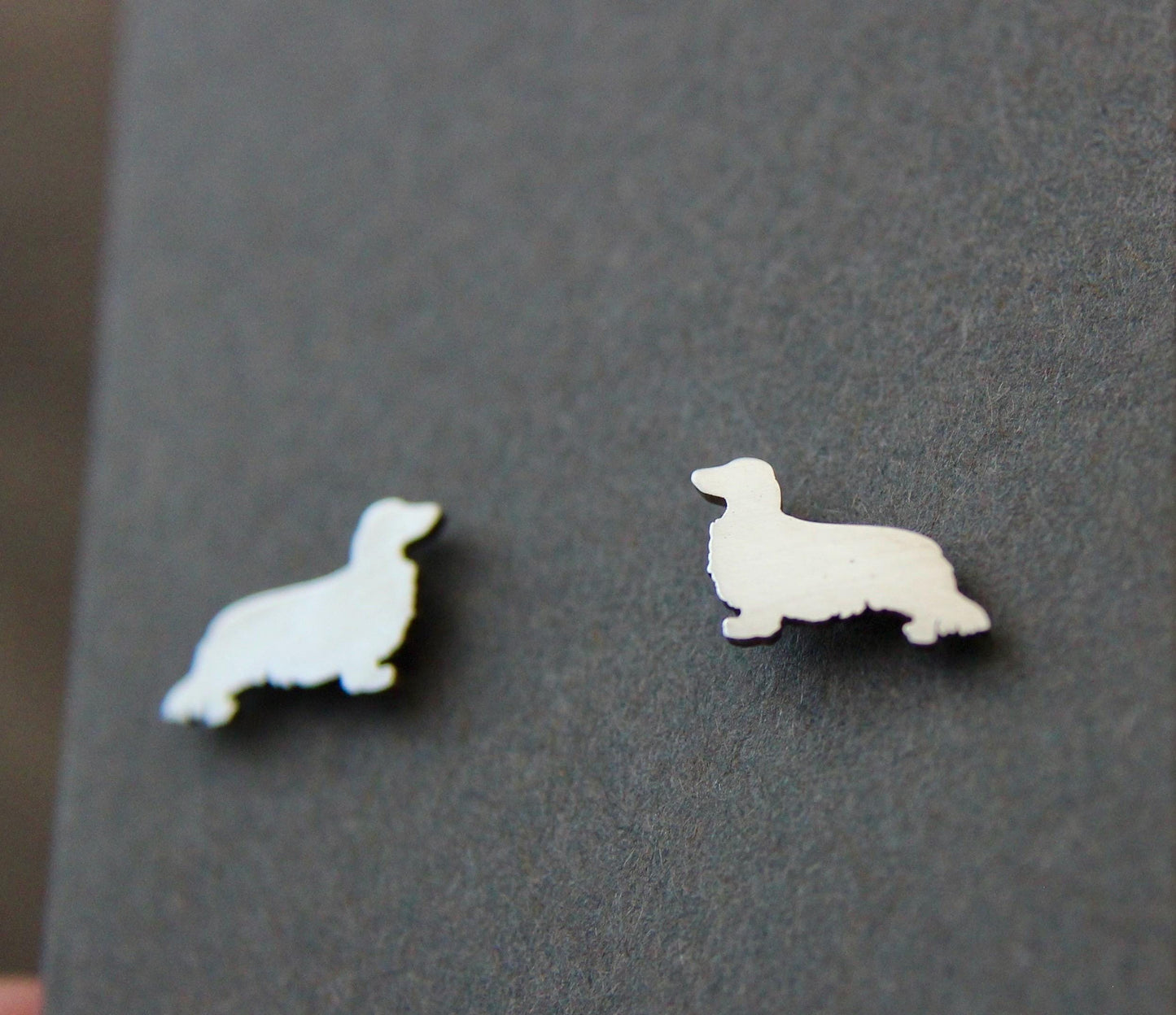 Long haired Dachshund dog earrings, sterling silver studs