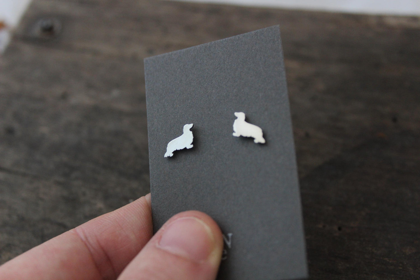 Long haired Dachshund dog earrings, sterling silver studs