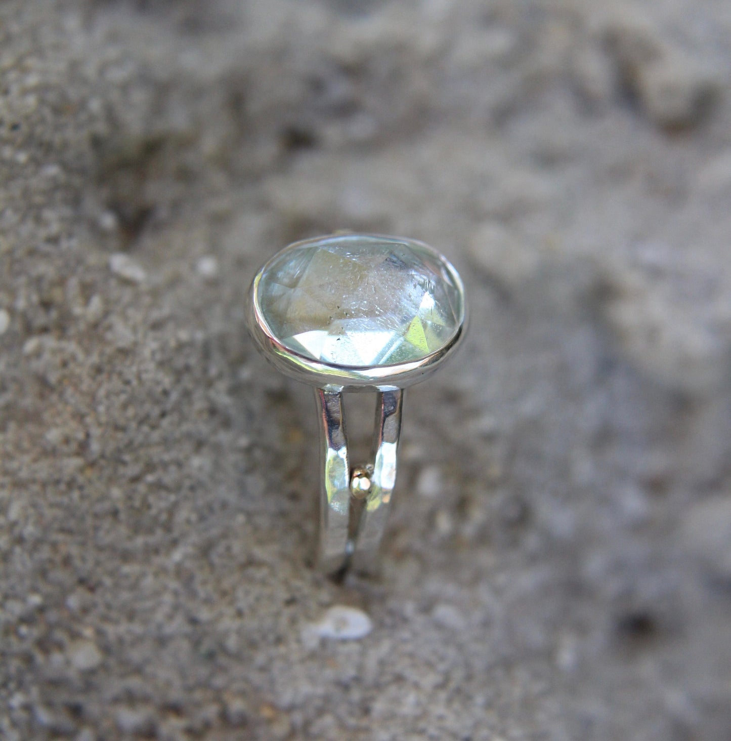 Aquamarine rose cut ring, 14k gold accents, OOAK, Hand made