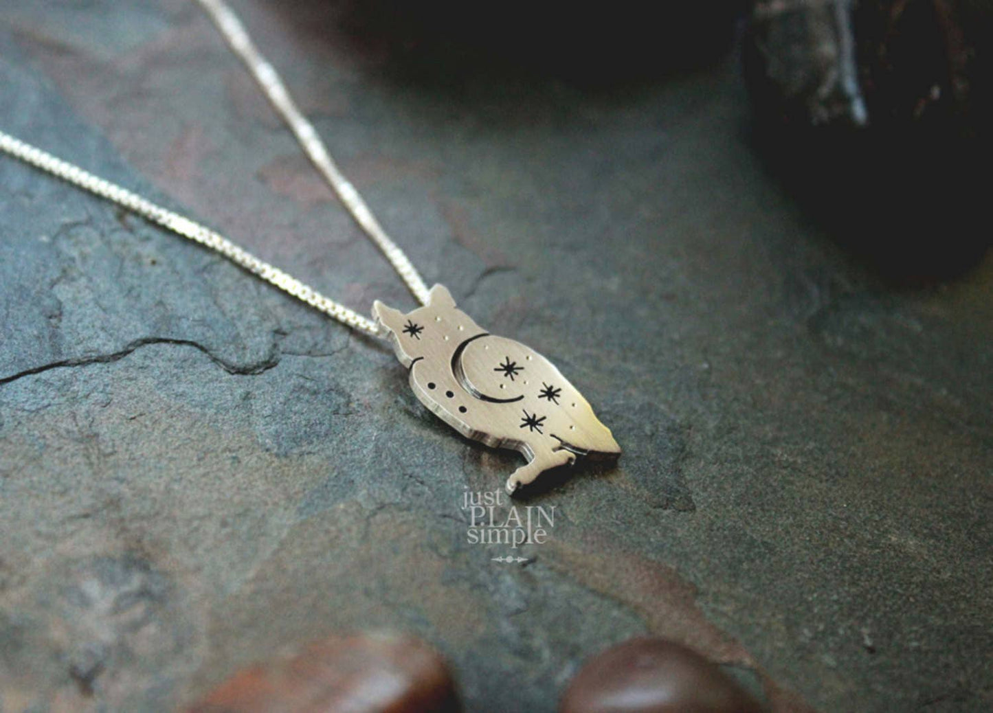 Night Owl Pendant, sterling silver great horned owl necklace