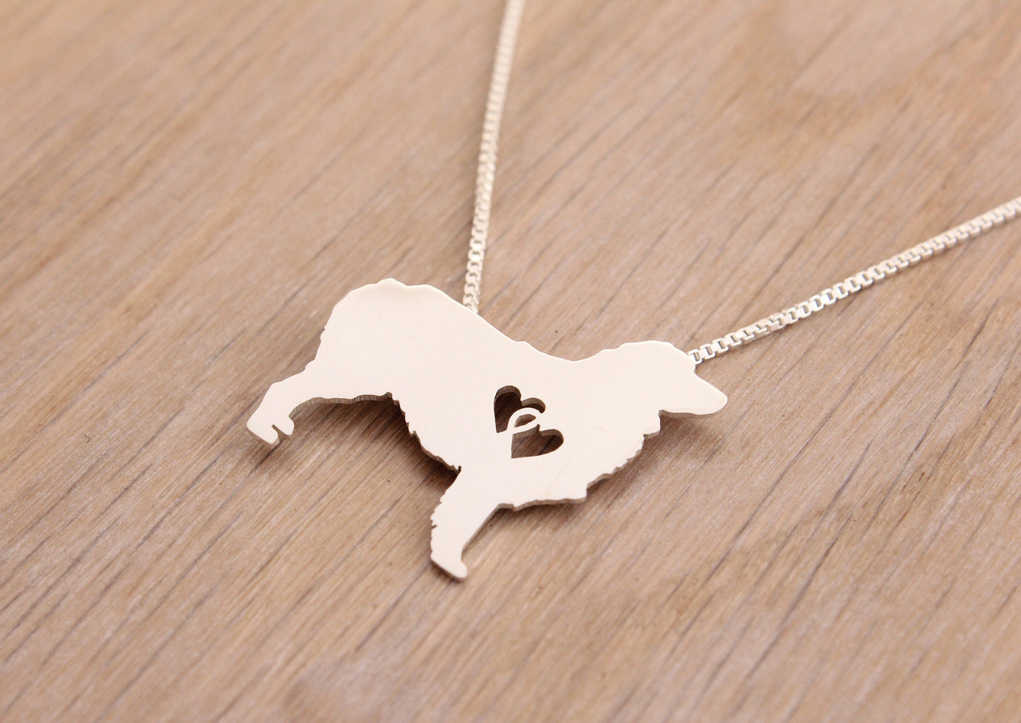 Australian Shepherd necklace with interlocking hearts, sterling silver