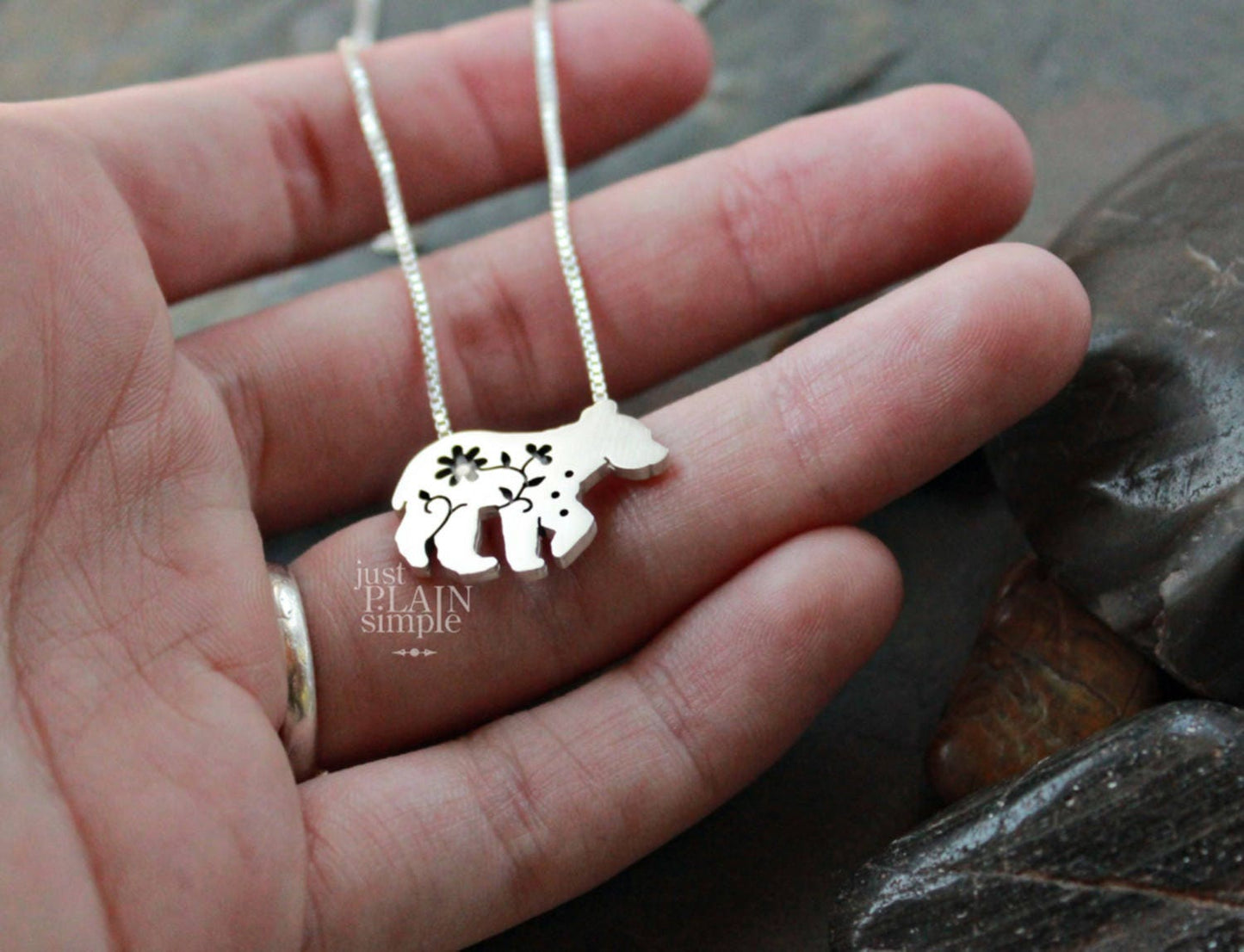 Floral Bear Pendant, sterling silver necklace