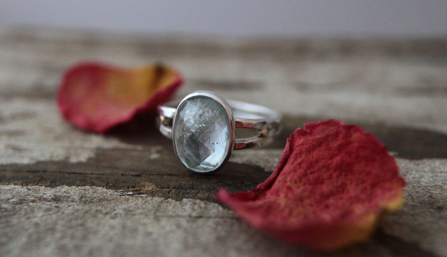 Aquamarine rose cut ring, 14k gold accents, OOAK, Hand made