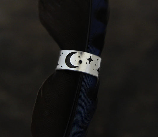 Crescent moon and stars Ear Cuff, engraved sterling silver