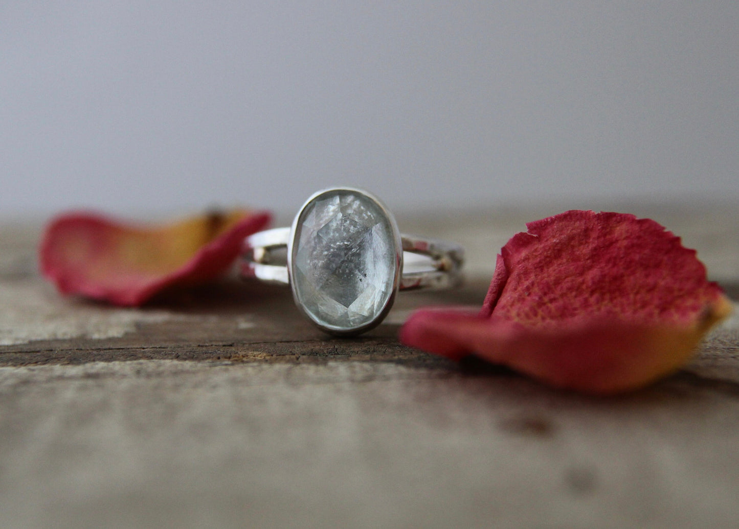 Aquamarine rose cut ring, 14k gold accents, OOAK, Hand made