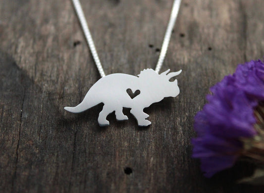Tiny Triceratops necklace, sterling silver dinosaur pendant