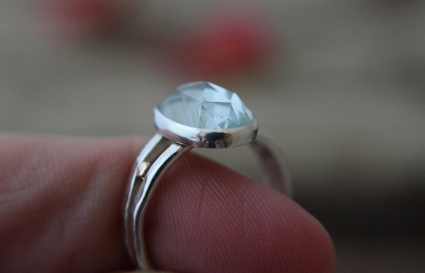 Aquamarine rose cut ring, 14k gold accents, OOAK, Hand made