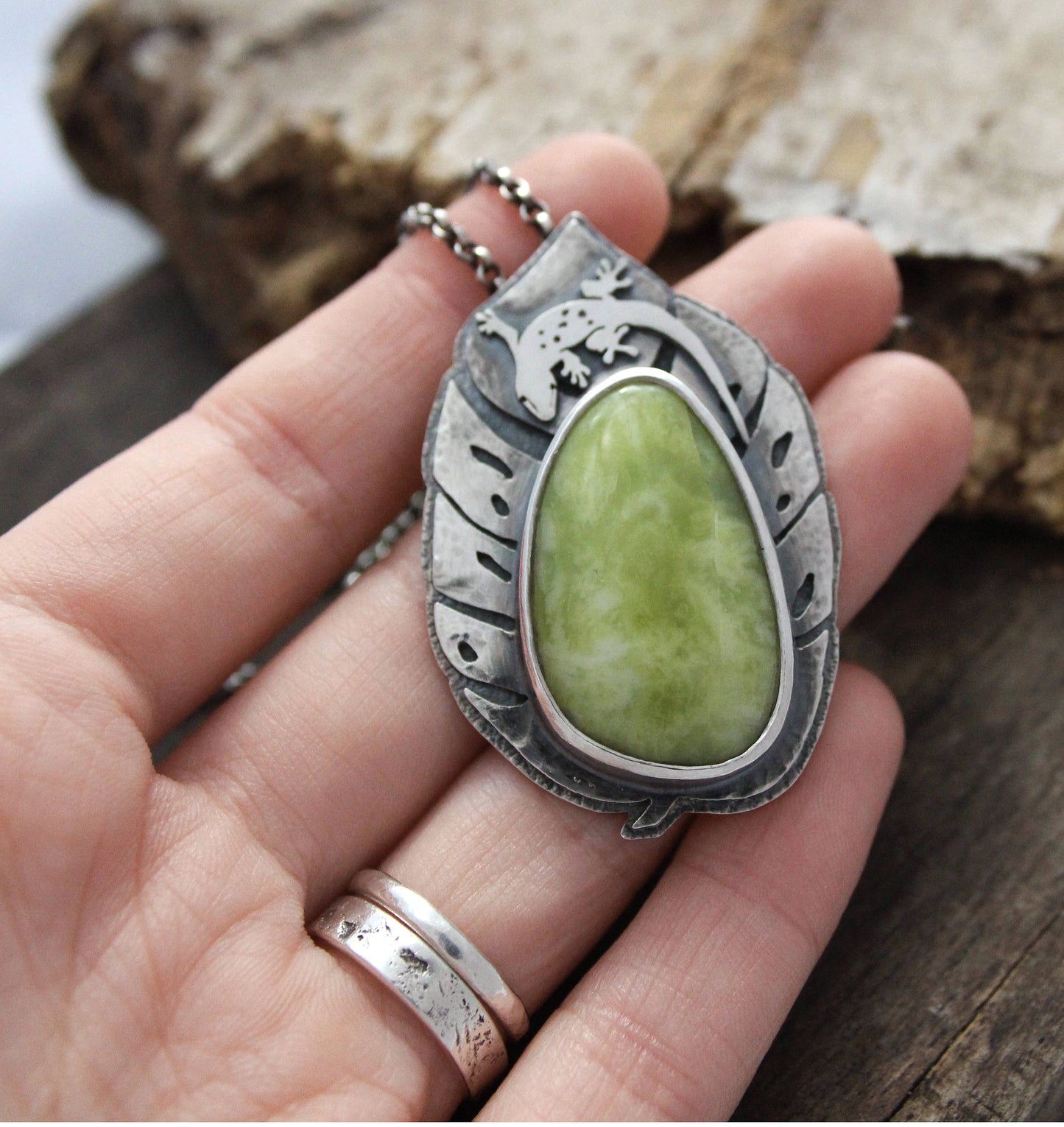 Gecko lizard and leaf with Serpentine, ooak, hand crafted pendant