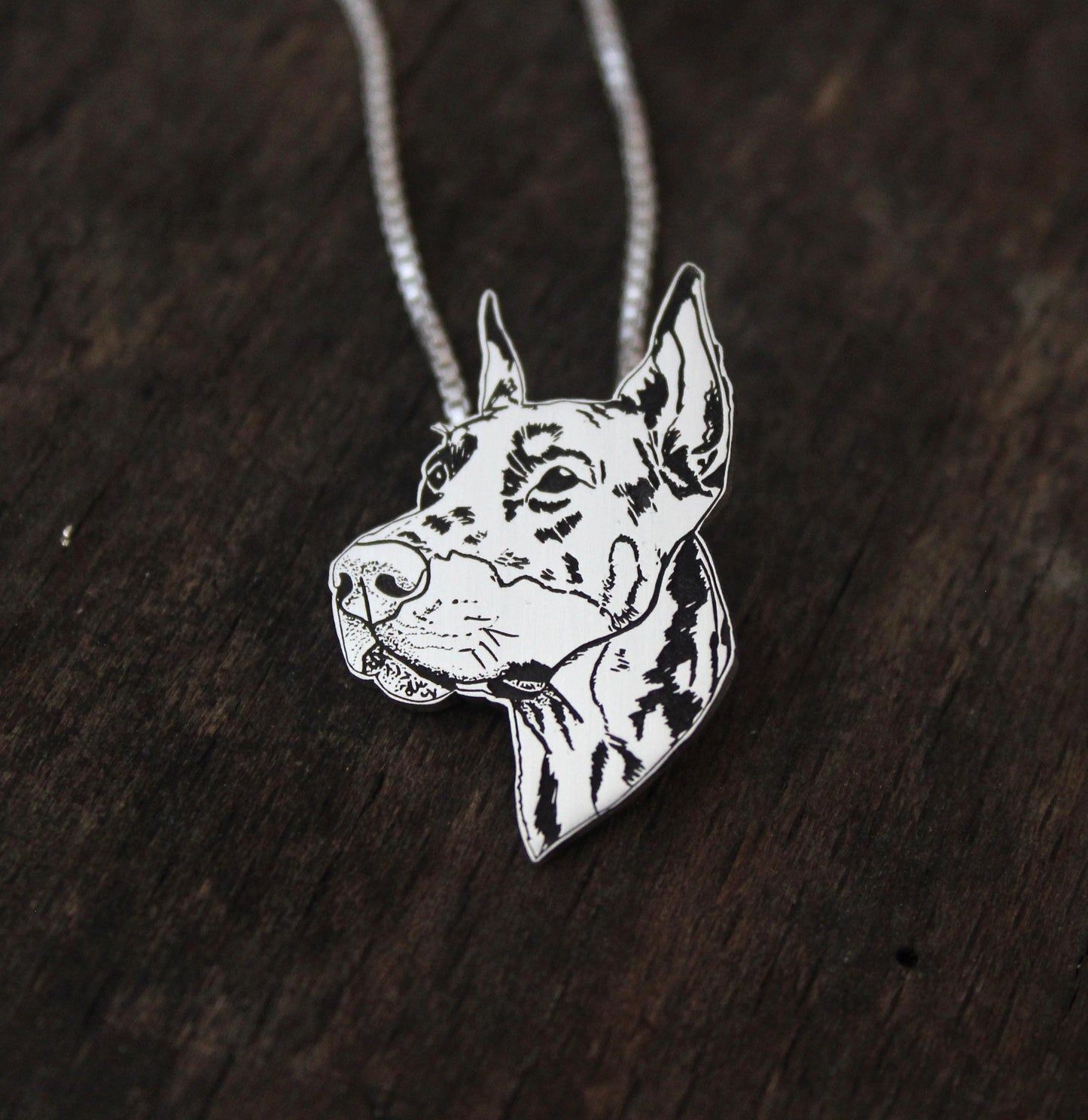 Doberman Pincher Portrait, Engraved sterling silver pendant for dog lovers.