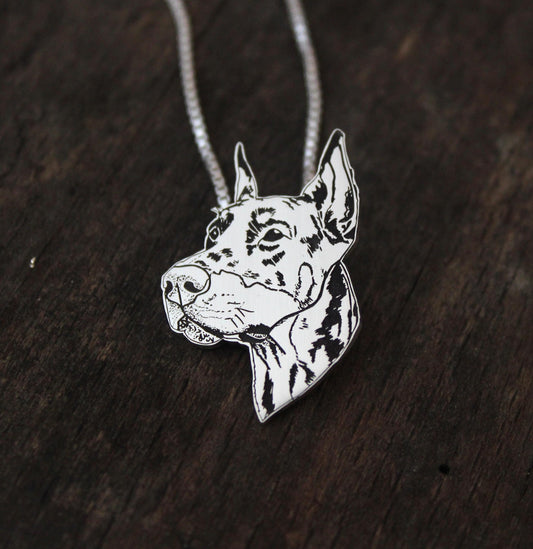 Doberman Pincher Portrait, Engraved sterling silver pendant for dog lovers.