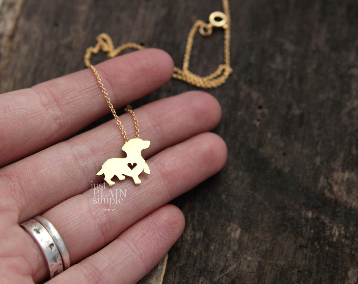Tiny Dachshund necklace, Brass dog pendant