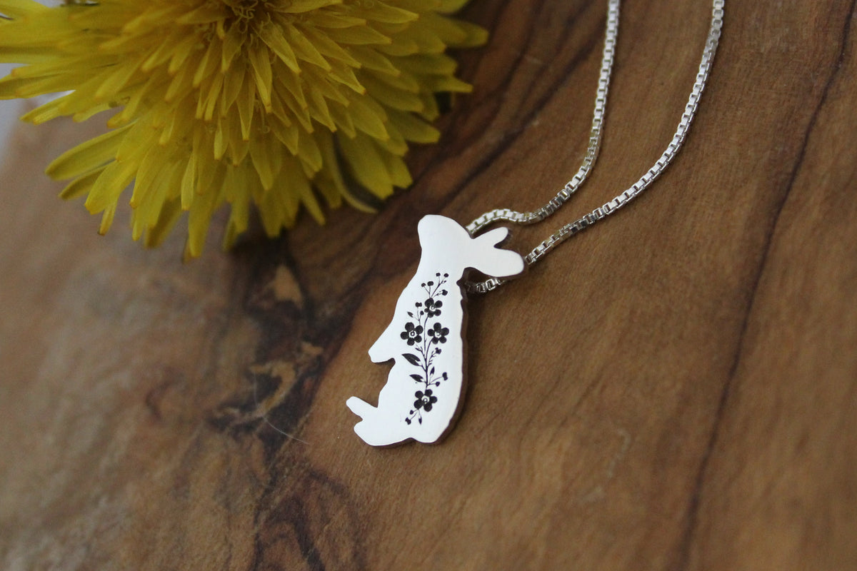 Rabbit necklace: Sterling silver Forget-me-not Bunny pendant
