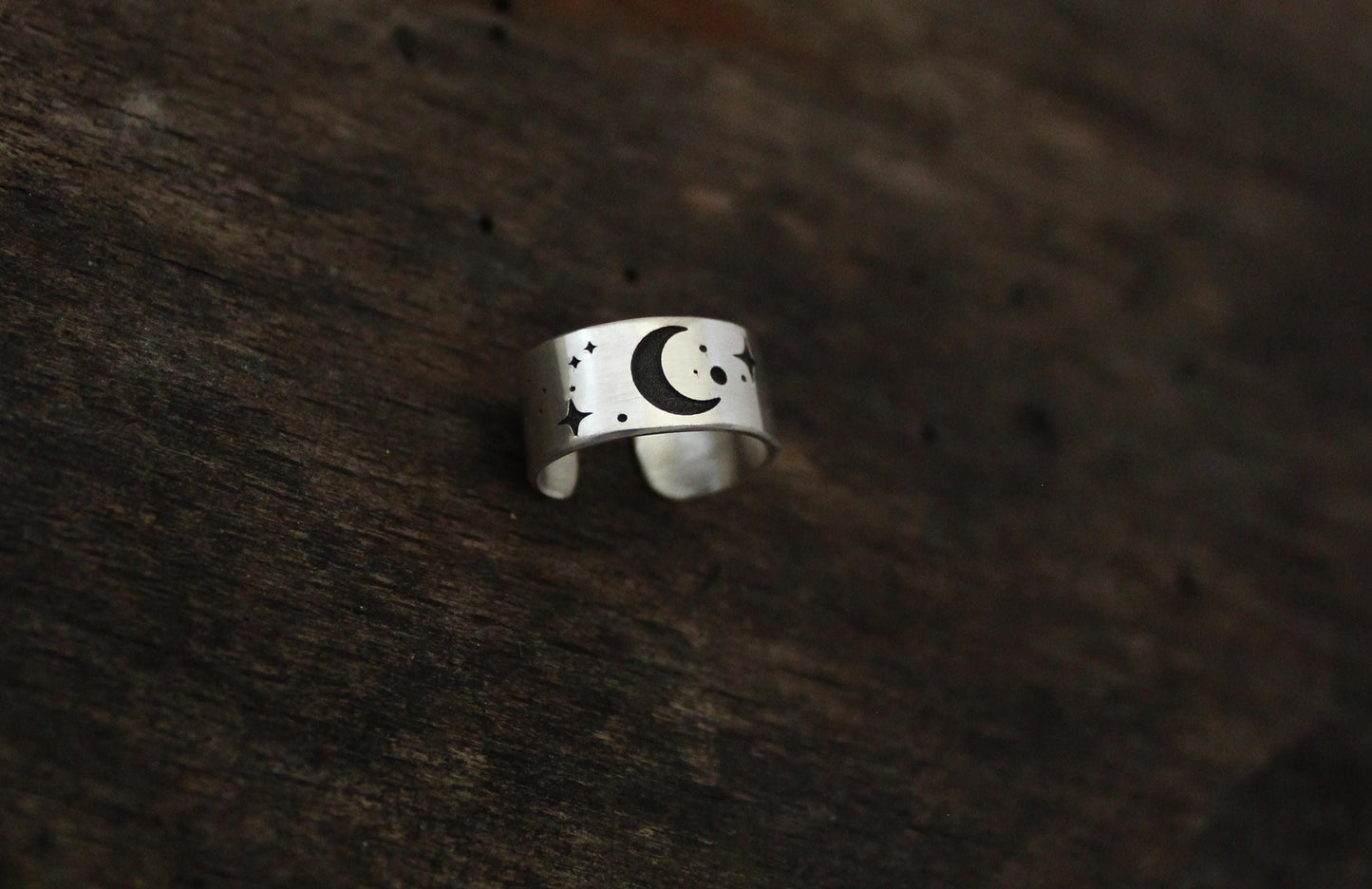 Crescent moon and stars Ear Cuff, engraved sterling silver