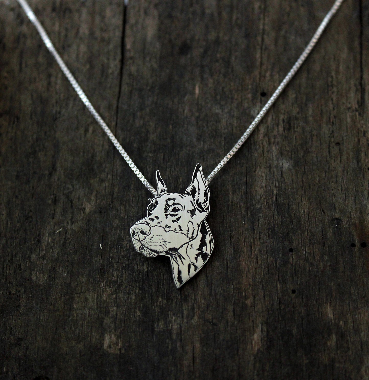 Doberman Pincher Portrait, Engraved sterling silver pendant for dog lovers.