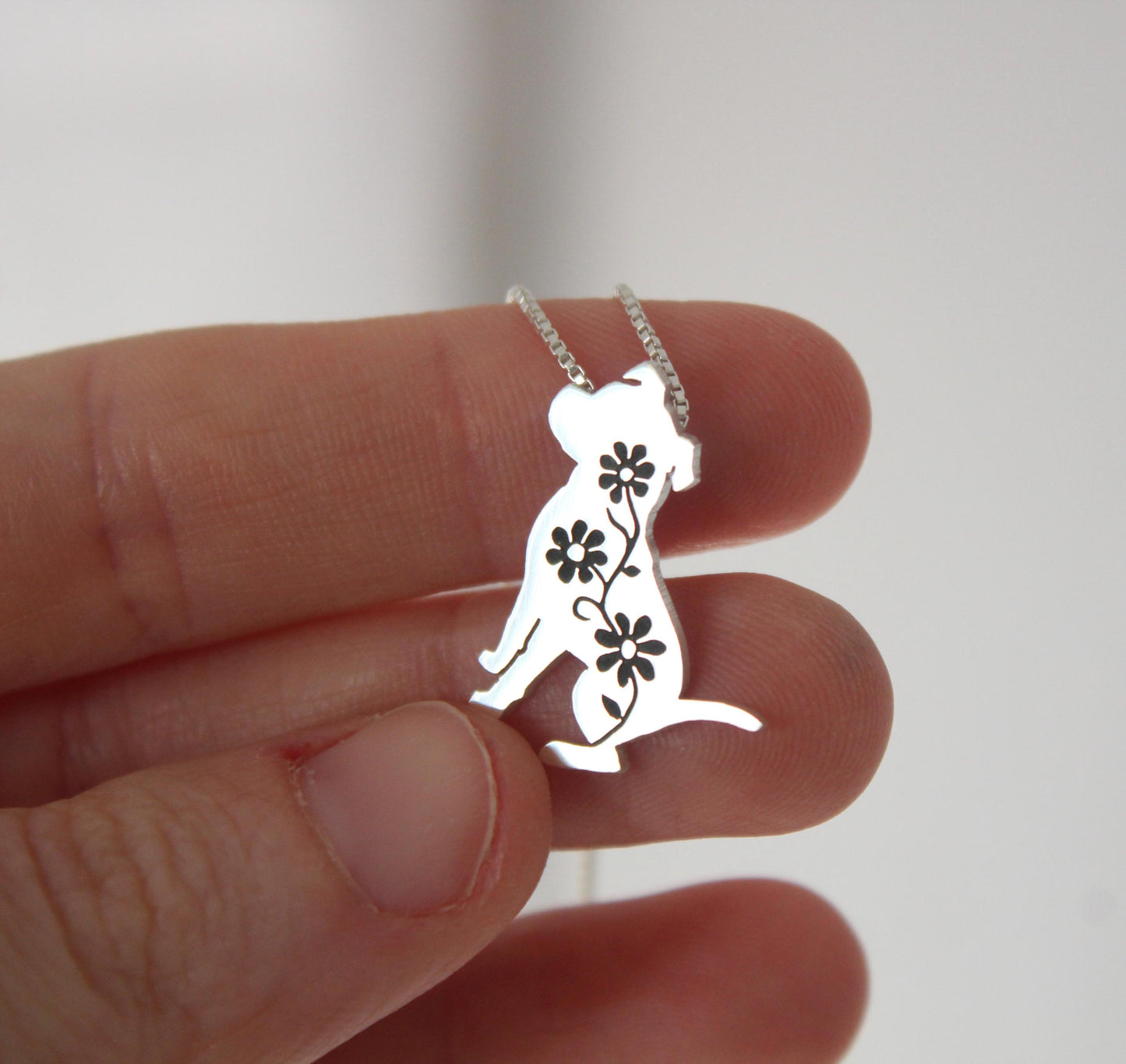 Floral Pitbull Pendant, sterling silver engraved necklace