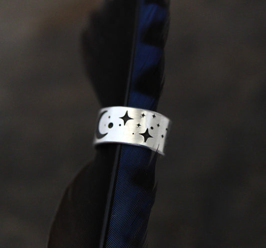 Crescent moon and stars Ear Cuff, engraved sterling silver