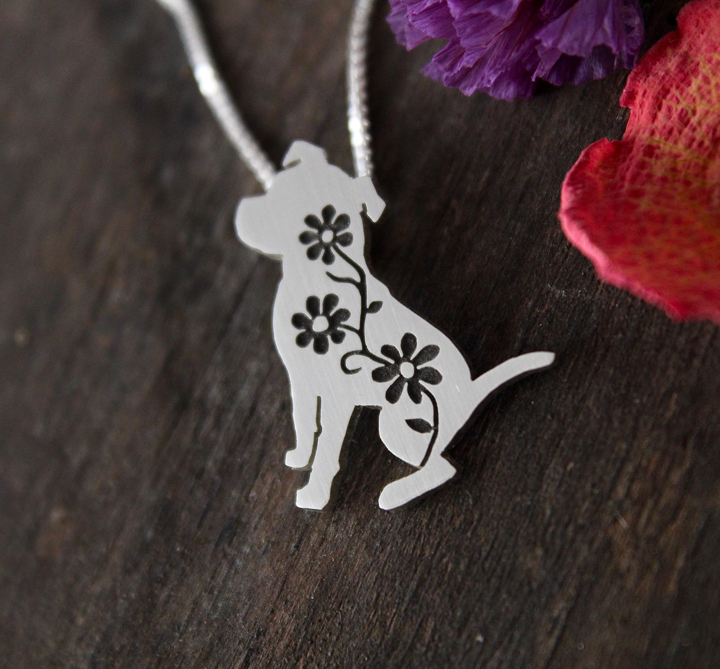 Floral Pitbull Pendant, sterling silver engraved necklace