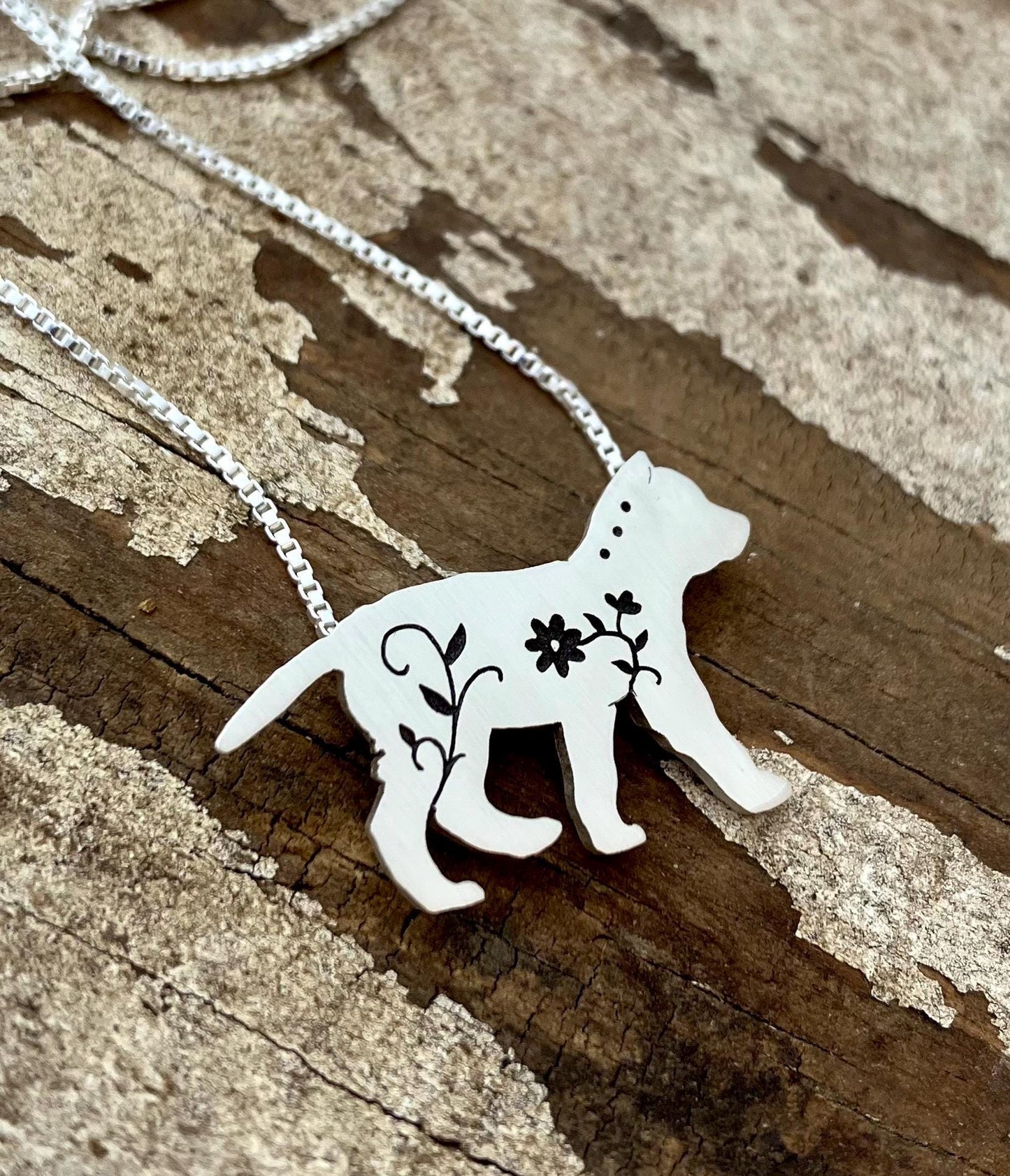 Floral Wolf Cub Pendant, sterling silver necklace