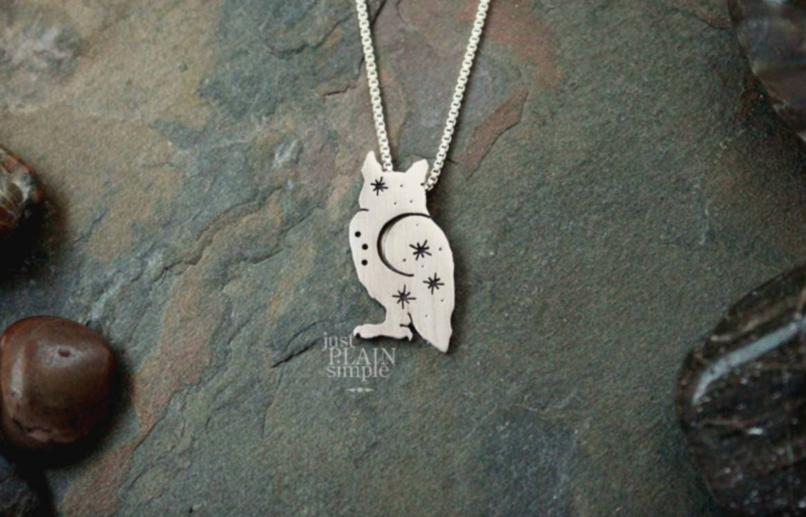 Night Owl Pendant, sterling silver great horned owl necklace
