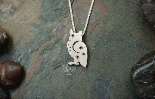 Night Owl Pendant, sterling silver great horned owl necklace