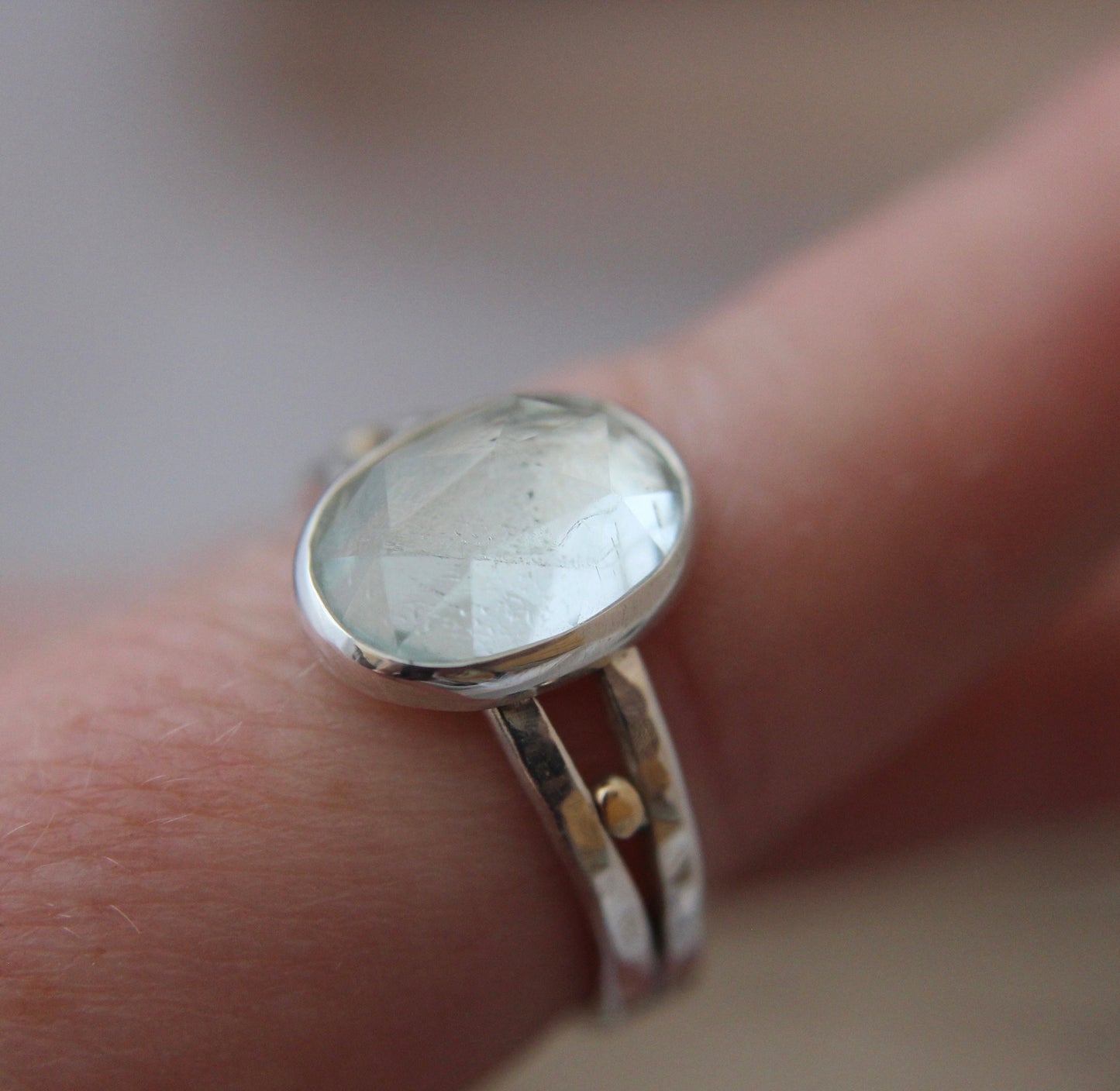 Aquamarine rose cut ring, 14k gold accents, OOAK, Hand made