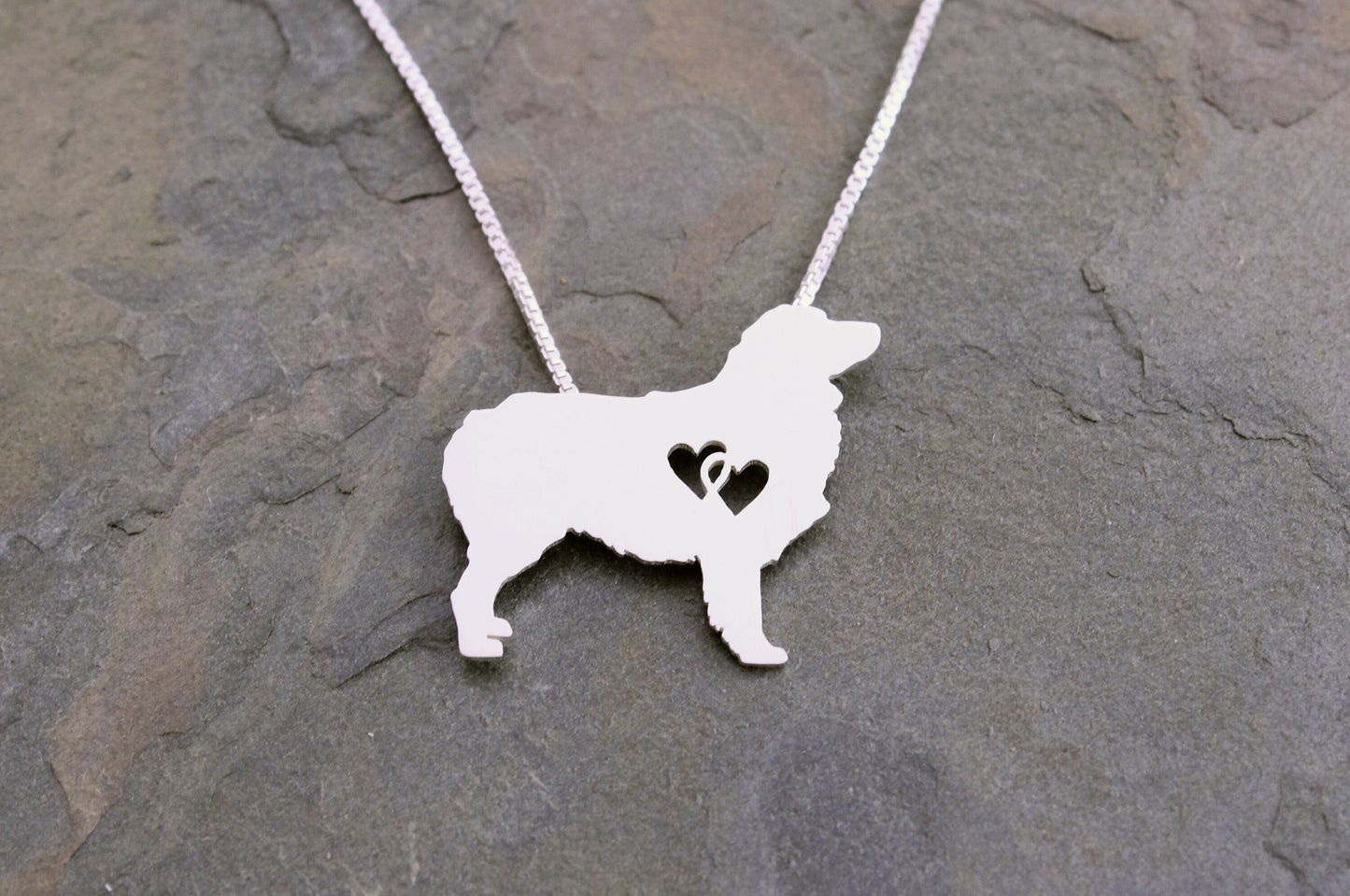 Australian Shepherd necklace with interlocking hearts, sterling silver