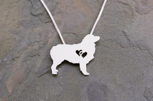 Australian Shepherd necklace with interlocking hearts, sterling silver