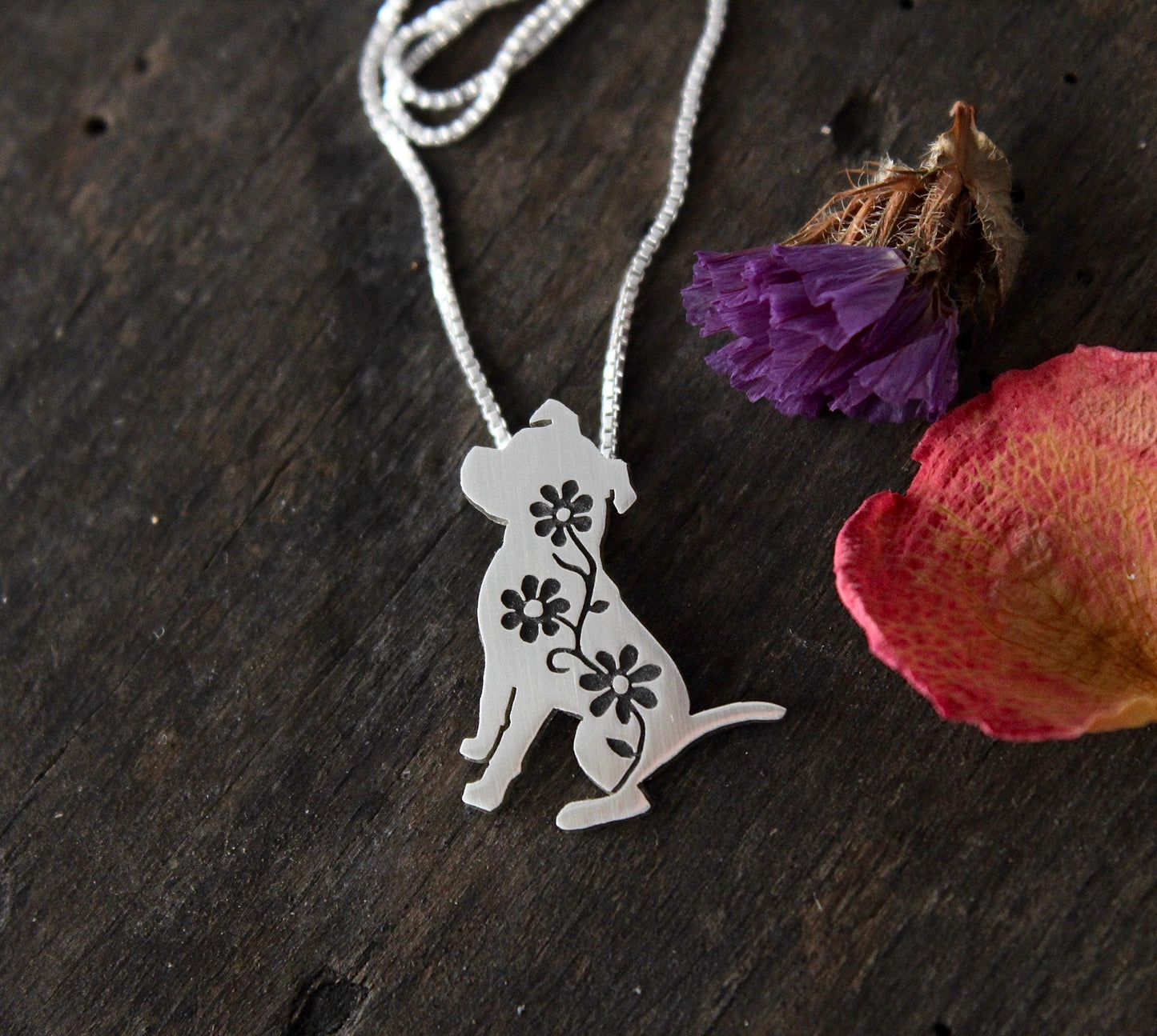 Floral Pitbull Pendant, sterling silver engraved necklace