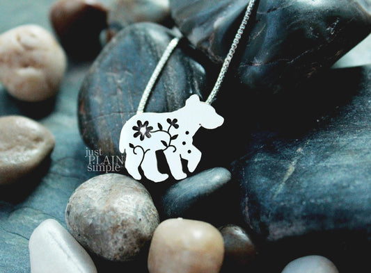 Floral Bear Pendant, sterling silver necklace