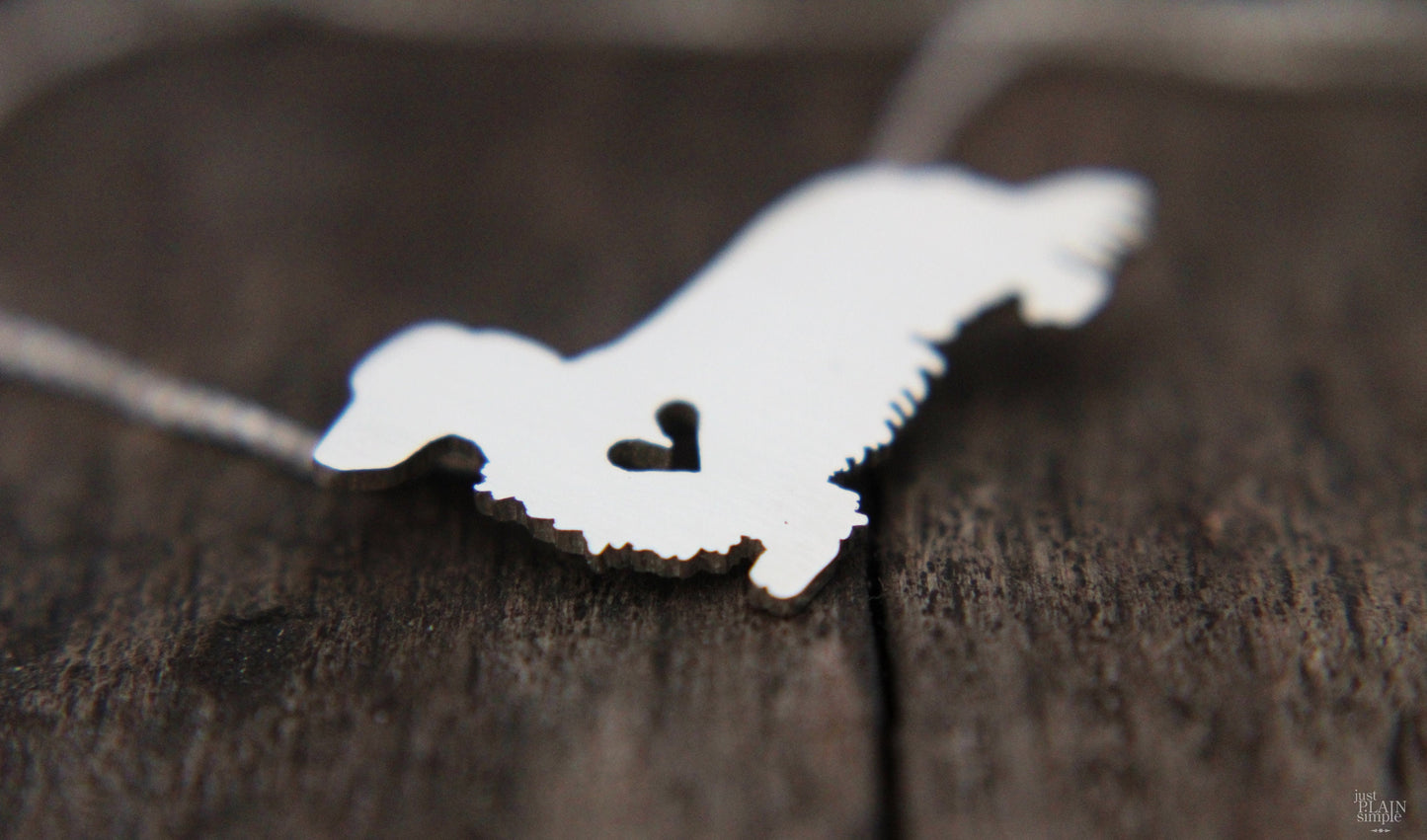 Tiny Long haired Dachshund necklace, sterling silver pendant