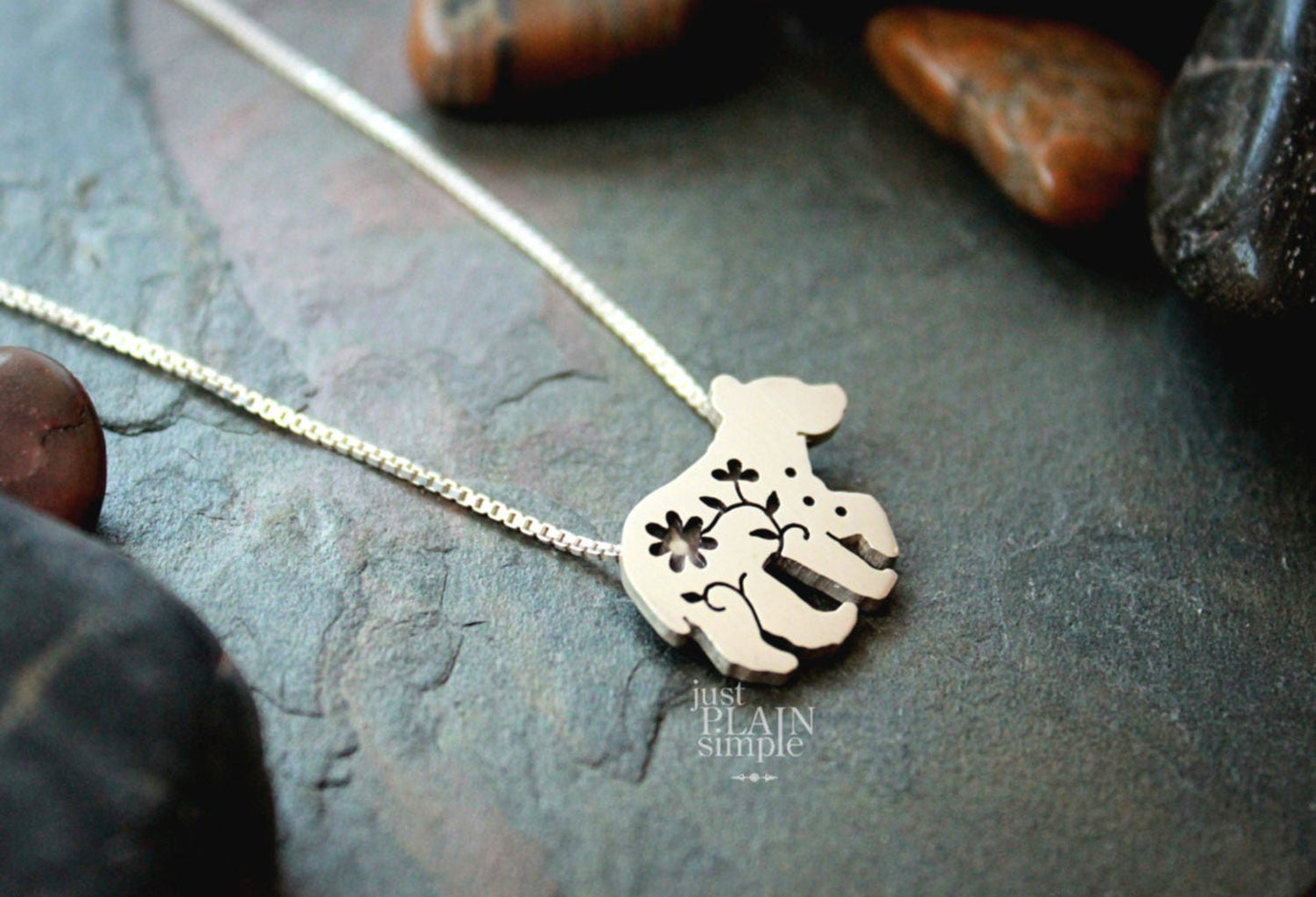Floral Bear Pendant, sterling silver necklace