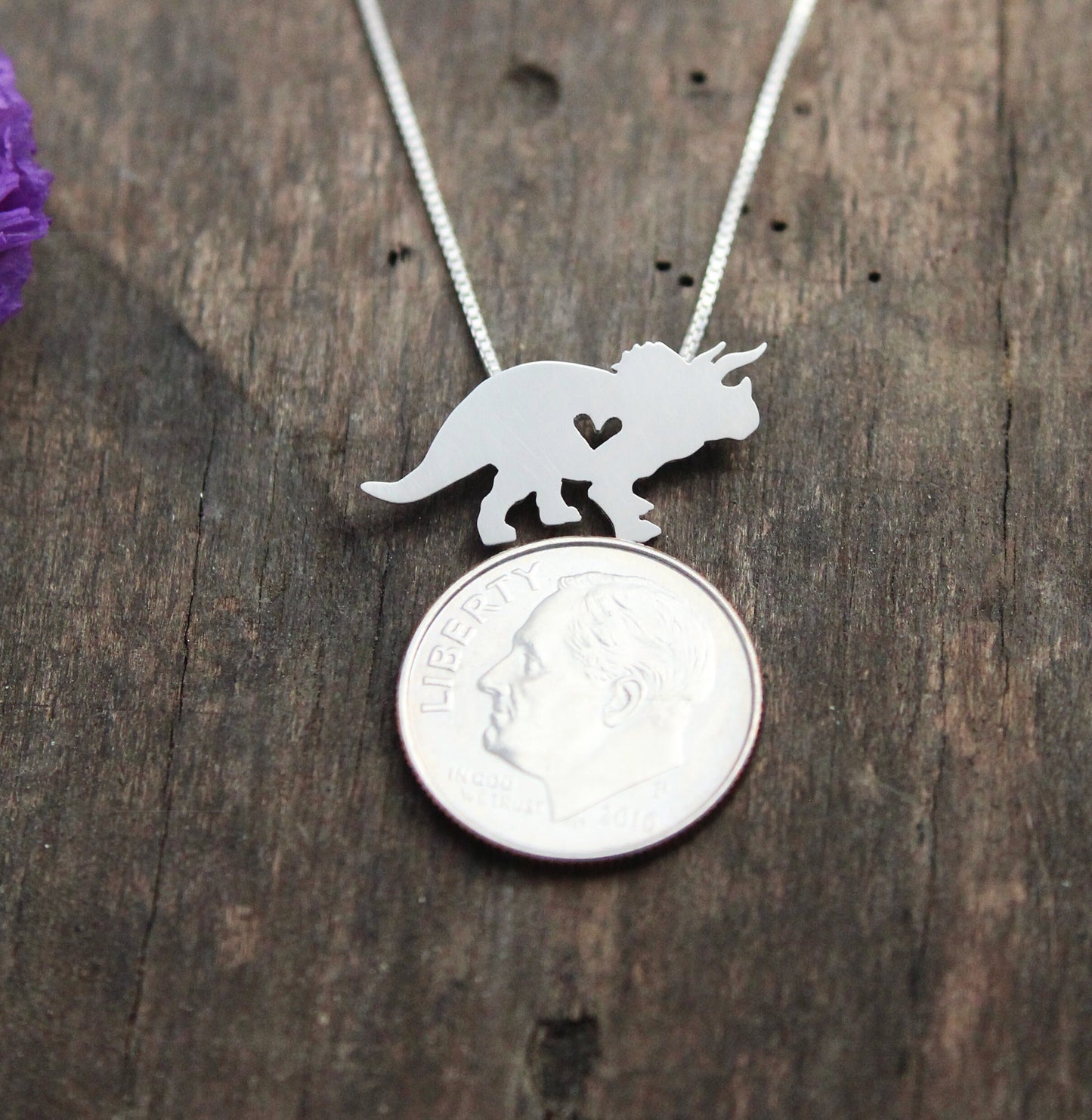 Tiny Triceratops necklace, sterling silver dinosaur pendant