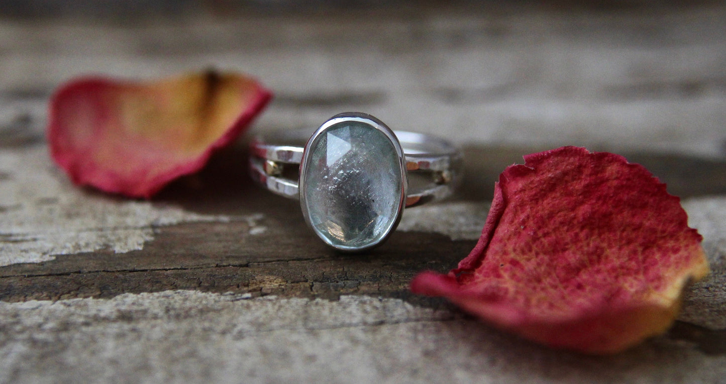 Aquamarine rose cut ring, 14k gold accents, OOAK, Hand made